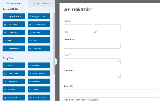 Editing user registration form in WPForms