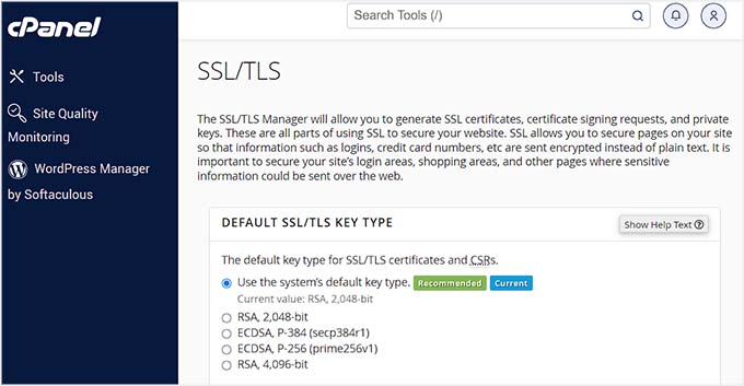 SSL certificate settings in Cpanel