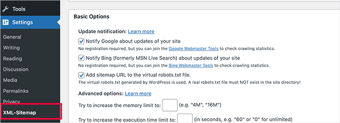 XML Sitemaps settings