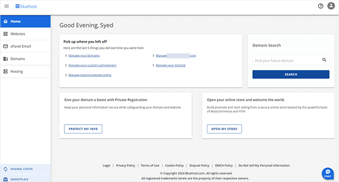 Bluehost control panel