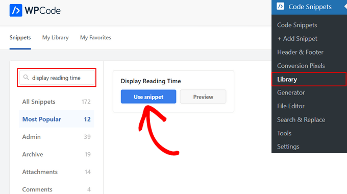 Find the 'Display Reading Time' snippet and click 'Use snippet' button