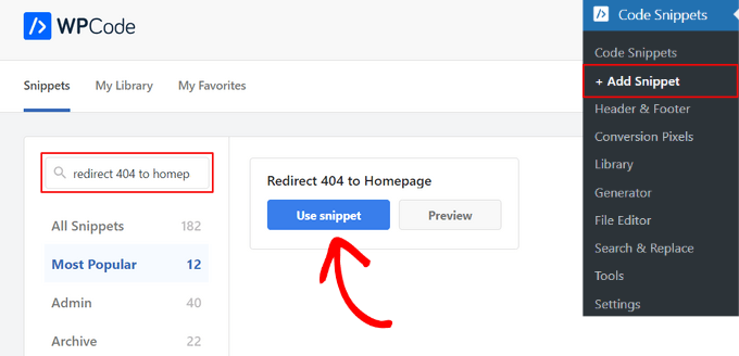 Select the 'Redirect 404 to Homepage' snippet in the WPCode library