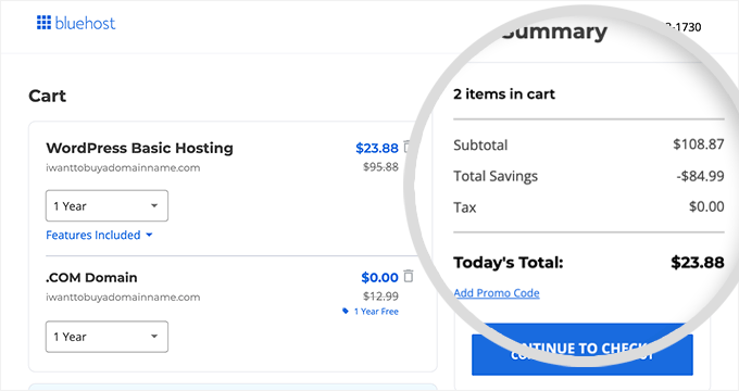 Bluehost order summary and addons page