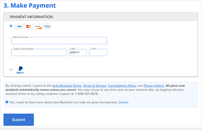 Bluehost Payment Info