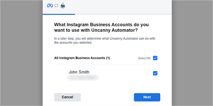 Choose the Instagram business account and click the Next button