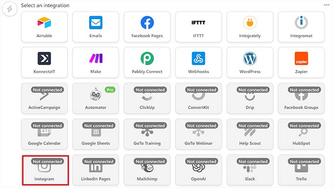 Choose Instagram from the list of integrations