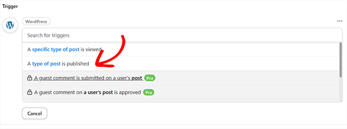 选择 WordPress 操作的触发器