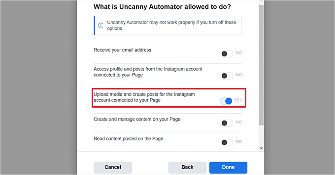 Configure the actions Uncanny Automator is allowed to do on Instagram