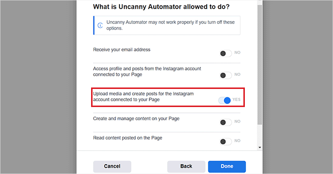 配置允许 Uncanny Automator 在 Instagram 上执行的操作