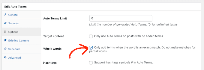 Enabling matches for whole words