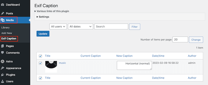 Adding EXIF photo tags in WordPress