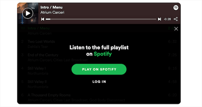 A Spotify playlist embedded in WordPress