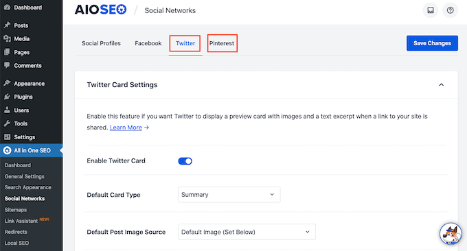 AIOSEO's Twitter and Pinterest tabs