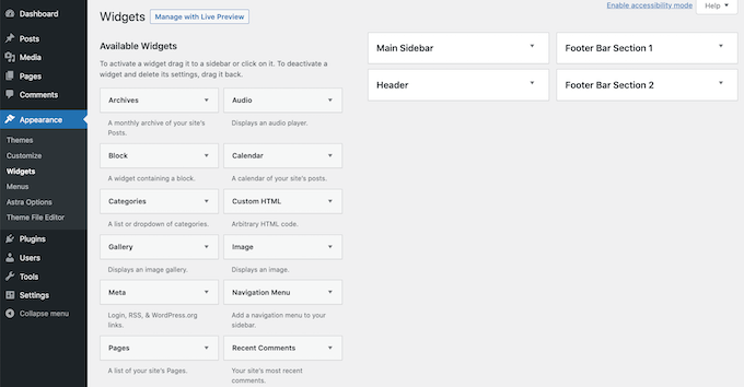 The WordPress Classic Widgets editor