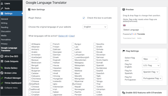 Google Language Translator plugin settings