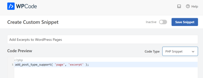 Add code snippet for excerpt pages