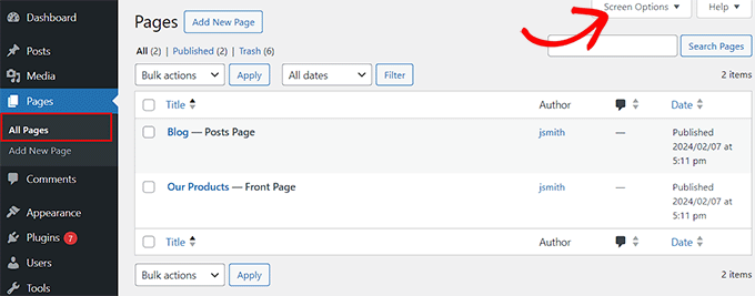 Click Screen Options button on the Pages screen