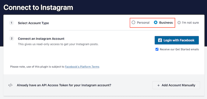 Connecting a personal or business Instagram account to WordPress