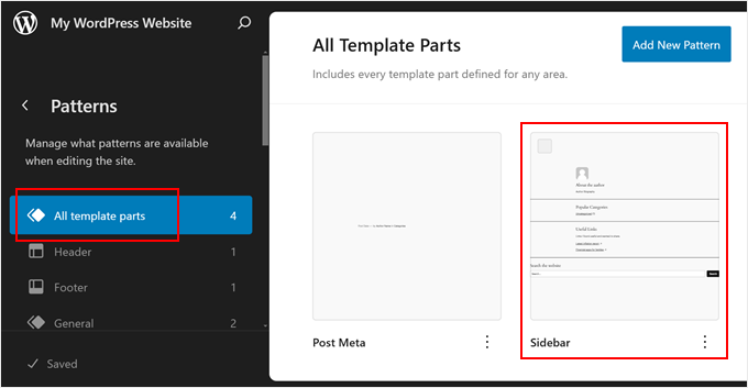 Opening the Sidebar template part in FSE