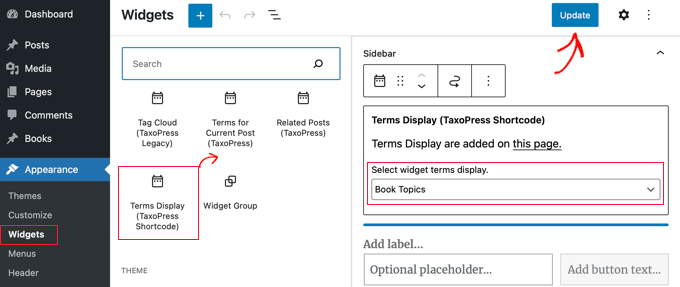 Add the Terms Display (TaxoPress Shortcode) Widget