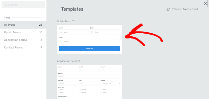 Choosing a lead generation form template in Thrive Architect