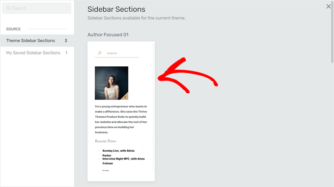 Choosing a sidebar template in Thrive Architect