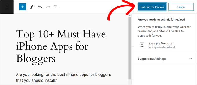 Submitting a post for review in WordPress