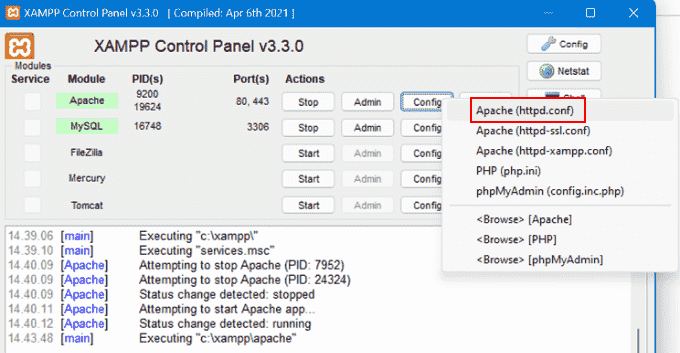 XAMPP 上的 Apache (httpd.conf) 菜单