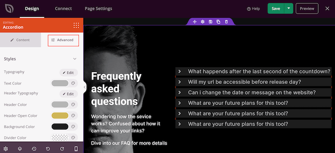 Customizing an FAQ section using SeedProd's advanced settings