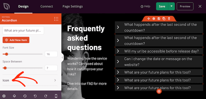 Customize the icon settings in a collapsible FAQ section