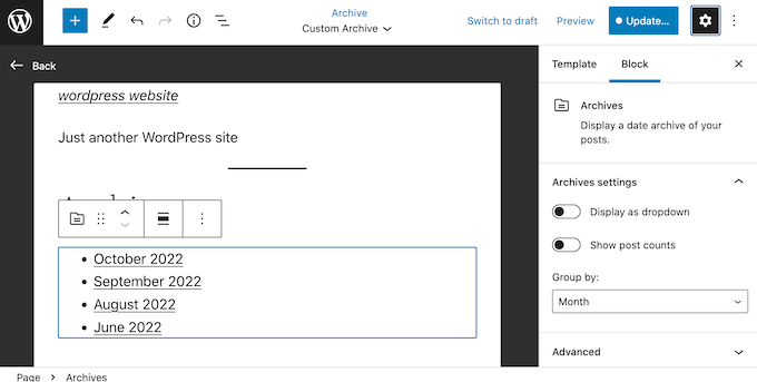 Configuring the archives WordPress block