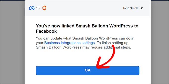 将 Smash Balloon 与 Facebook 连接后单击“确定”按钮