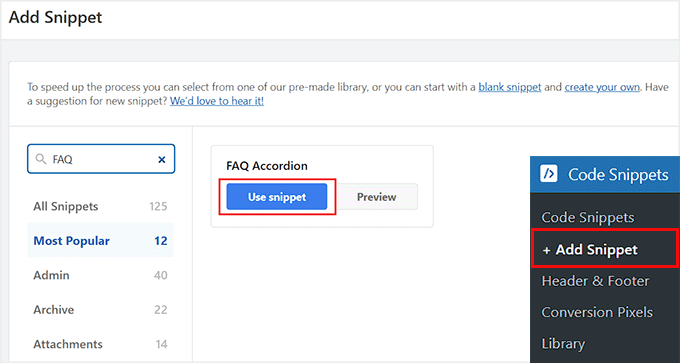 Click the Use Snippet button under the FAQ Accordion snippet