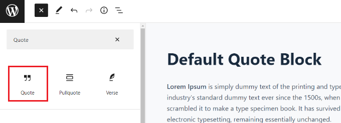 Default quote block in WordPress