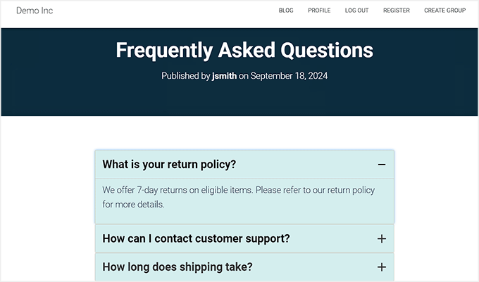 FAQ accordion created with a free plugin