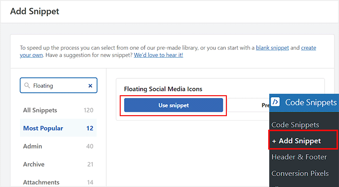 Click Use Snippet for the floating social media icons snippet