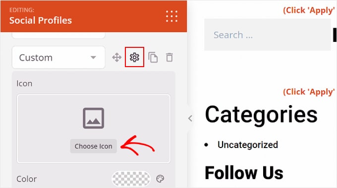 Clicking the Choose Icon for the custom social media button on SeedProd