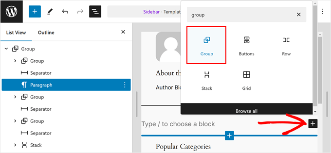 Adding a new Group block in the sidebar with FSE