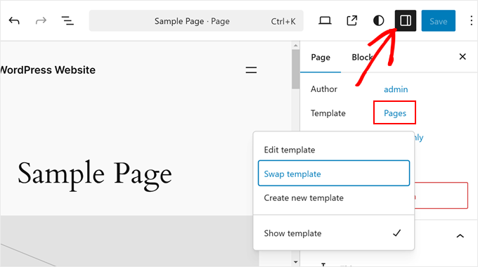 Choosing to swap a page template in FSE