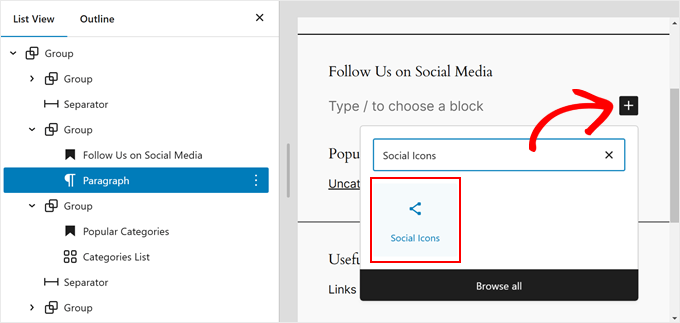 Adding the Social Icons block to the Group block in FSE