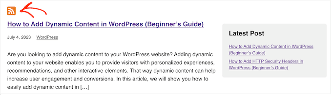 WordPress 标签页面上的 RSS 图标示例