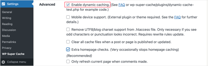 Enable dynamic caching in WP Super Cache