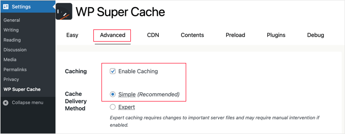 WP Super Cache advanced settings