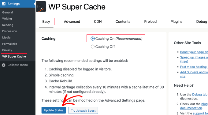 Enable caching in WP Super Cache