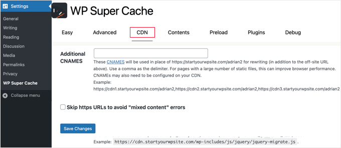 Click the skip HTTPS URLs option in WP Super Cache