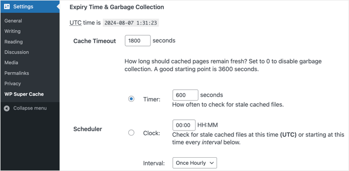 Set up Expiry time and garbage collection in WP Super Cache