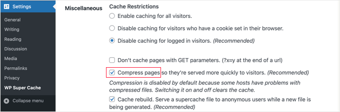 Miscellaneous advanced cache settings