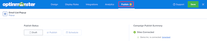 Página de publicação do OptinMonster