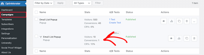 Ver dados de conversão de teste A/B