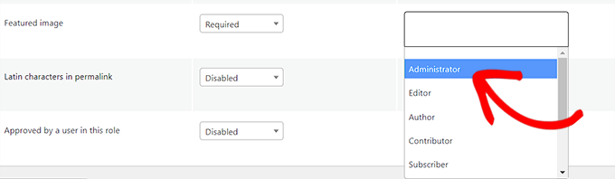 Choose a user role who won't be required to add featured image before publishing